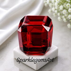 Op de afbeelding: Een grote, dieprode, gefacetteerde edelsteen met een rechthoekige slijpvorm, rustend op een kleine, vierkante witte displayvoet. De tekst SparklegemsArt is in het zwart gedrukt op de voorzijde van de witte voet op een glad, licht oppervlak.