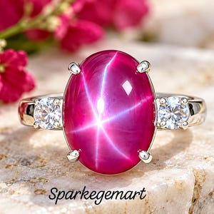 20Ct Natural Burma Ruby Star 6 Rays Ring, Oval Cabochon 925 Sterling Silver Statement Ring