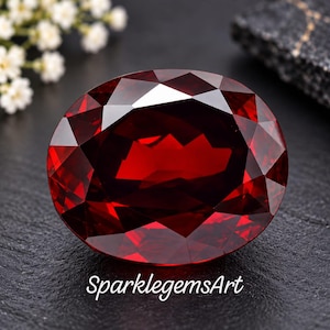 May include: A deep red, oval-cut gemstone with multiple facets that reflect light, displaying a vibrant crimson hue. The stone is positioned above the white text SparklegemsArt, which is printed in a clean, sans-serif font on a dark surface.
