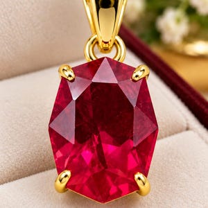 May include: A faceted, rectangular-cut red gemstone pendant set in a polished yellow gold prong setting with a matching gold bail. The text Sparkegemart is printed in black below the pendant. The jewelry piece is displayed in a velvet-lined box.