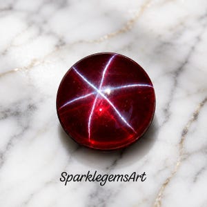Pode incluir: Uma pedra preciosa cabochão redonda de cor vermelho profundo com um distinto efeito de estrela de seis raios na sua superfície polida. A pedra exibe um tom carmesim vibrante com um padrão de asterismo branco brilhante. O texto SparklegemsArt é visível.