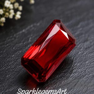 May include: A rectangular faceted gemstone with a deep, vibrant red color and sharp, polished edges. The stone displays clear internal reflections and light refraction. The text SparklegemsArt is printed in white at the bottom of the image.