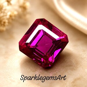 May include: A square-cut, vibrant magenta gemstone with multifaceted surfaces that reflect light. The stone features a deep pink hue and sharp, geometric edges. The text SparklegemsArt is printed in black below the gemstone.