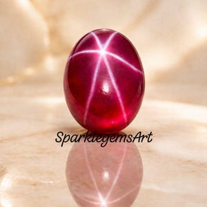 May include: A polished, oval-shaped, deep red gemstone with a six-rayed star pattern. The gem is reflected on a light-coloured surface. The text "SparklegemsArt" is visible.