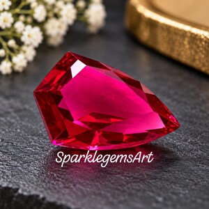 Puede incluir: Una piedra preciosa facetada en forma de pera de un color rojo magenta intenso y vibrante. La piedra presenta cortes geométricos nítidos que reflejan la luz, creando una apariencia brillante. El texto SparklegemsArt está impreso en color blanco.