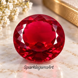 Könnte beinhalten: Ein runder, facettierter, leuchtend roter Edelstein mit Brillantschliff, der das Licht auf seiner Oberfläche reflektiert. Der Text SparklegemsArt ist in schwarzer Schreibschrift unter dem Stein aufgedruckt. Der Edelstein zeigt tiefe karmesinrote Töne.