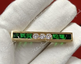 2Ct Princess Cut Green Emerald & Diamond Bar Brooch Pin 14k Yellow Gold Over, Vintage Style Jewelry, Elegant Gift for Her/Him