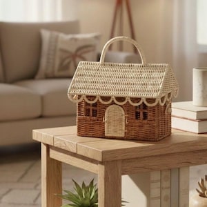 Puede incluir: Un bolso tejido con forma de casa con asa. El bolso tiene un cuerpo marrón con un techo crema y ribete festoneado. La casa tiene una puerta y ventanas. El bolso está sobre una mesa de madera.