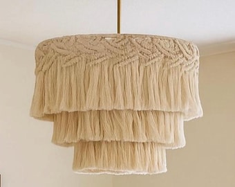 Handmade Bohemian Macramé Lampshade, Tiered Fringe, Beige Boho Ceiling Light