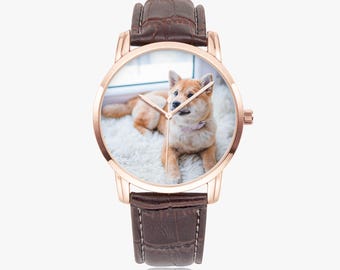 Orologio personalizzato con foto del tuo animale domestico, cinturino in pelle, quadrante personalizzato