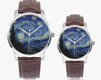 Starry Night Watch, Van Gogh Art, Stainless Steel & Leather