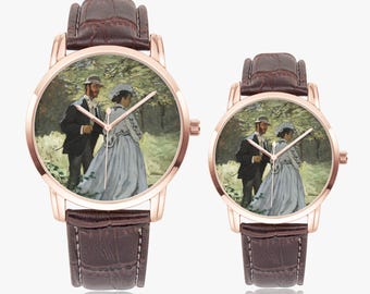Relógio de pulso artístico Monet "Bazille e Camille", com pulseira de couro.