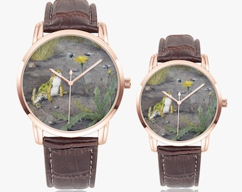 Frog Dandelion Art Watch, Stainless Steel Leather Band, Jan van Oort Style