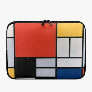 May include: A rectangular laptop sleeve featuring a Mondrian-style abstract design. The design incorporates blocks of red, yellow, black, white, and blue, separated by black lines. The sleeve has a black zipper and trim.