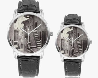 M. C. Escher Art Watch, Stainless Steel, Leather Band