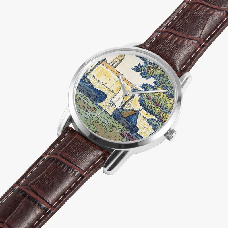 May include: A wristwatch with a brown leather band and a silver-colored case. The watch face features a colorful painting of boats, buildings, and a swirling sky. The band is textured with a crocodile pattern.