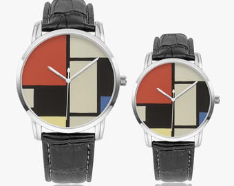 Piet Mondriaan 'Composition'-kunsthorloge, roestvrij staal en leer