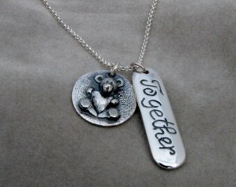 Sterling Silver Teddy Bear Charm with Inspirational word Plaque ~