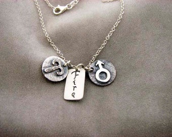 ARIES Sign with Element FIRE and Ruling Planet MARS. Silver Necklace