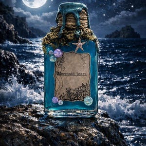 May include: A rectangular glass bottle filled with blue liquid, featuring a label with the text Mermaid Tears, a mermaid illustration, and coral graphics. The bottle neck is wrapped in twine, topped with blue wax, and decorated with a small starfish and iridescent beads.