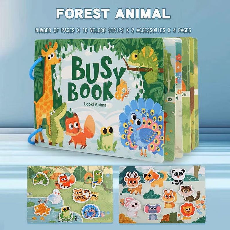 May include: A colorful "Busy Book" with a forest animal theme, featuring a giraffe, crocodile, fox, frog, and peacock. The book includes 10 Velcro strips, 2 accessories, and 4 pages. The cover reads "Busy Book! Look! Animal". Two additional pages with animal cutouts are also shown.