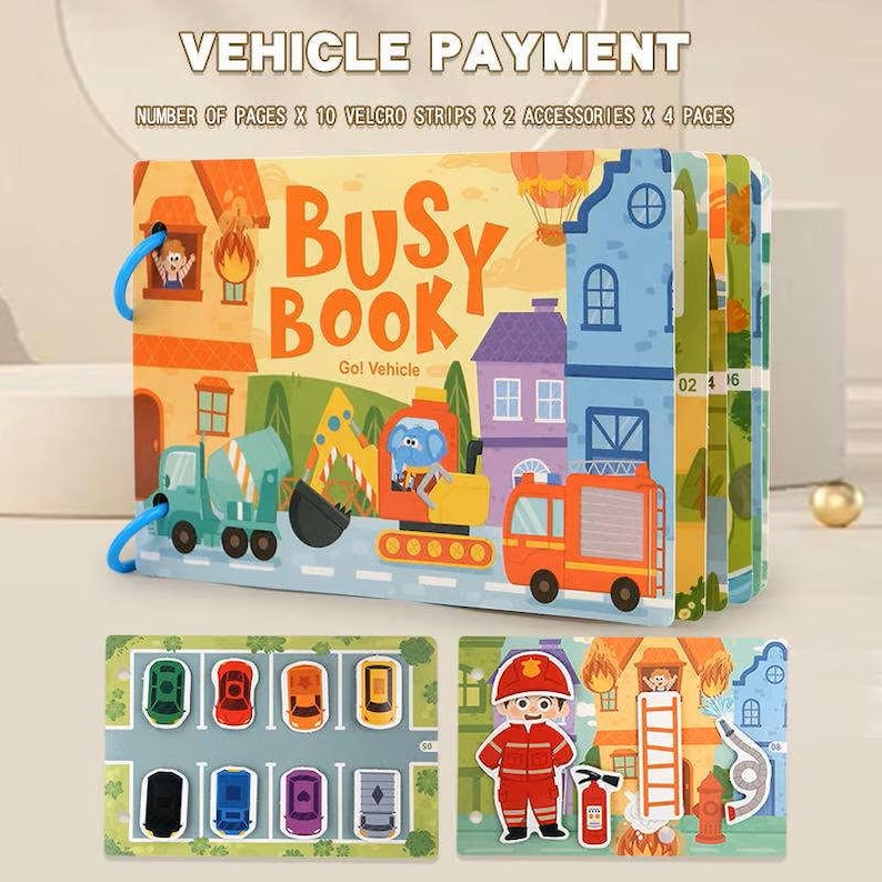 May include: A colorful "Busy Book" with a vehicle theme, featuring illustrations of a cement truck, excavator, and fire truck. The book includes interactive elements and accessories. The cover displays the text "Busy Book" and "Go! Vehicle".