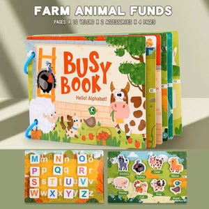 May include: A colorful "Busy Book" with farm animal illustrations and the text "Hello! Alphabet!". The book includes pages with letters and farm animal cutouts. The cover features a cow, duck, sheep, and other farm animals.