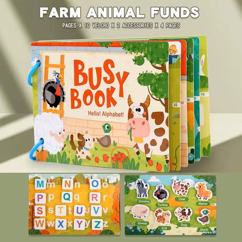 May include: A colorful "Busy Book" with farm animal illustrations and the text "Hello! Alphabet!". The book includes pages with letters and farm animal cutouts. The cover features a cow, duck, sheep, and other farm animals.