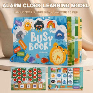 May include: A colorful "Busy Book" learning model with an alarm clock design. The book features illustrations of weather, days of the week, and numbers. Includes text: "ALARM CLOCK LEARNING MODEL" and "NUMBER OF PAGES X 10 VELCRO STRIPS X 2 ACCESSORIES X 4 PAGES".