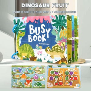 May include: A colorful "Busy Book" with a dinosaur theme, featuring illustrations of dinosaurs and a volcano. The book includes pages, Velcro strips, and accessories. Below are two wooden puzzles with dinosaur and food shapes.