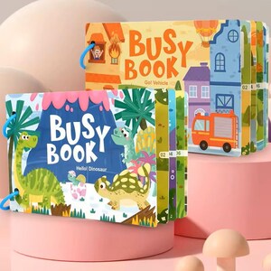May include: Colorful children's busy books with the text "BUSY BOOK" on the covers. One book features dinosaurs and the text "Hello! Dinosaur". Another book has a fire truck and the text "Go! Vehicle". Each book has a blue ring.
