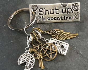 Hand stamped keychain, "Shut up! I’m counting!" with set of 5 supernatural inspired stitch markers