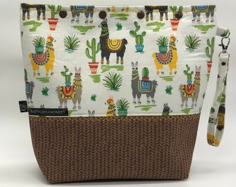 Llama Alpaca print large knitting project snap top pouch with flat bottom ready to ship