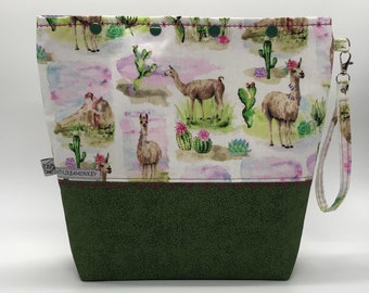Llama Alpaca print large knitting project snap top pouch with flat bottom ready to ship