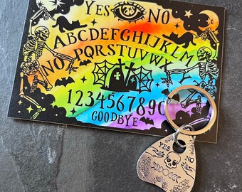 Hand stamped Ouija Skully planchette keychain and sticker set