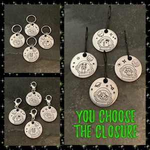 Hand stamped Farm animal astronaut stitch marker set