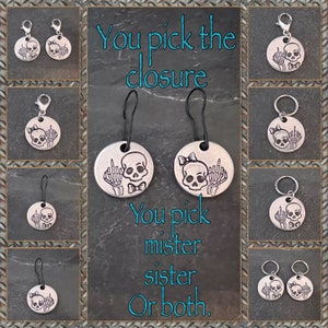 Hand stamped skeleton bird couple stitch markers