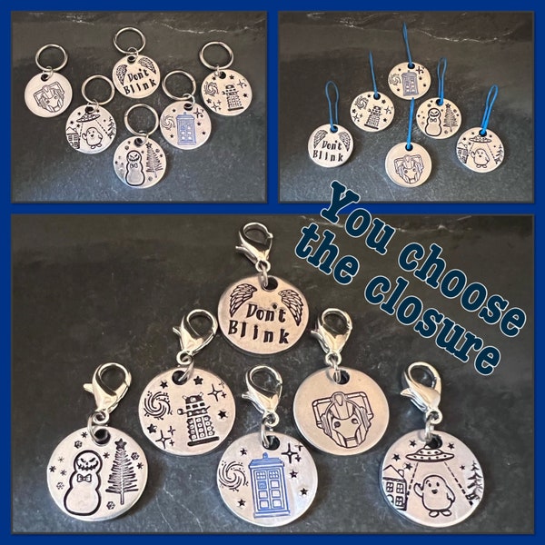 Hand stamped Doc Who Baddies inspired stitch marker set