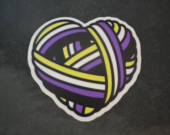 Non-binary pride yarn heart sticker