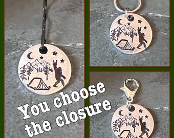 Hand stamped Bigfoot campsite stitch marker