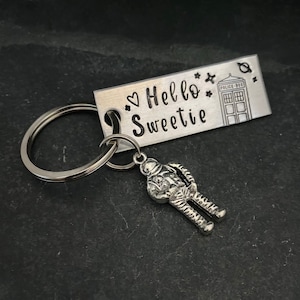 Dr Who inspired "Hello Sweetie" hand stamped keychain