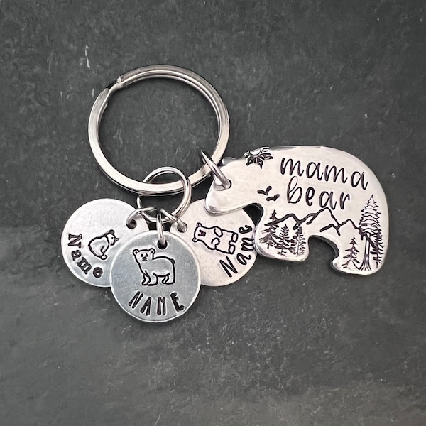 Hand stamped "Mama Bear" keychain with choice of little bear add ons.