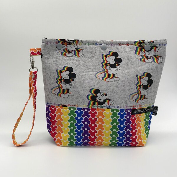 Rainbow Mickey project snap top project bag with flat bottom - ready to ship