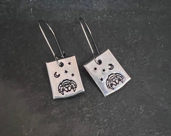 Jumping spider on moonlight night hand stamped earrings