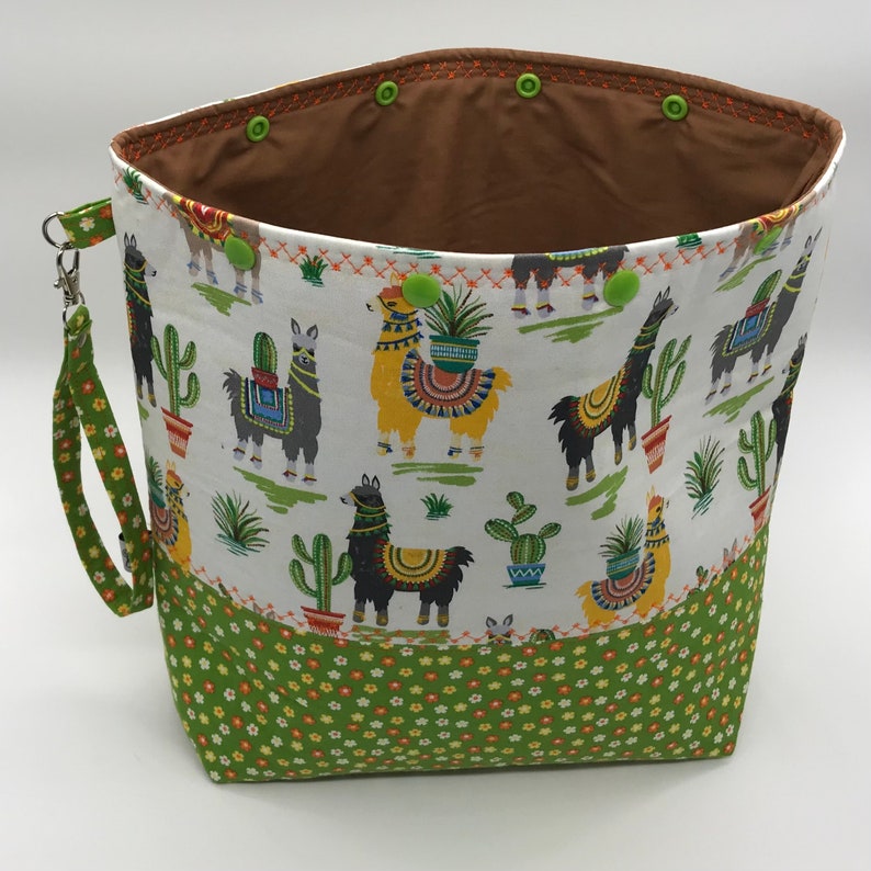 Llama Alpaca print large knitting project snap top pouch with flat bottom ready to ship