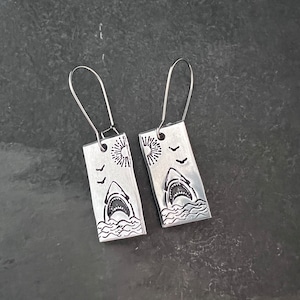 Shark breaching hand stamped earrings