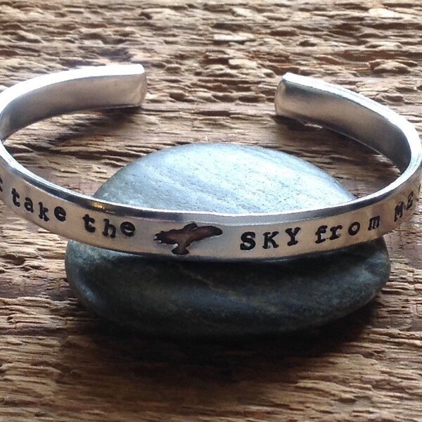 Hand stamped Firefly inspired bracelet with "you can't take the sky from me"
