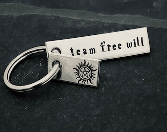 Supernatural inspired “team free will” hand stamped keychain