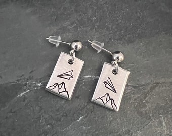 Paper airplane hand stamped post earrings