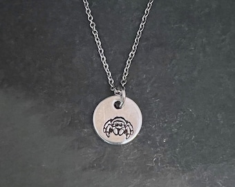 Micro jumping spider hand stamped necklace